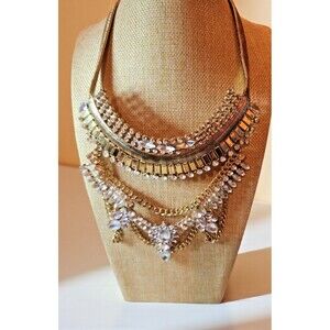 Gold Tone Rhinestone Bib Necklace – Multi-Layer Crystal Statement Glam, 12” Drop